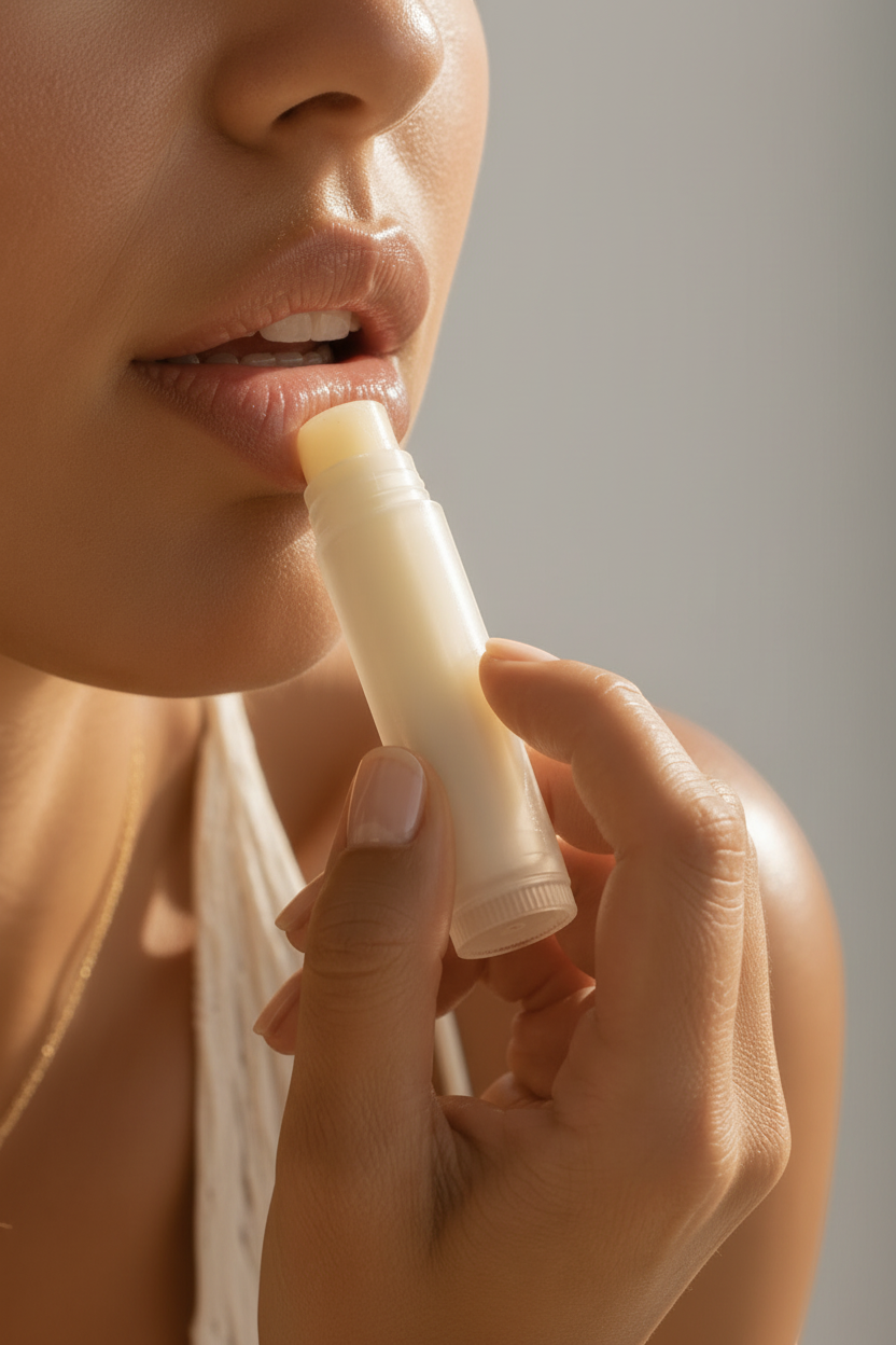 Pippy Tallow lip balm being applied to lips for deep nourishment and moisture in a natural, minimalist style.